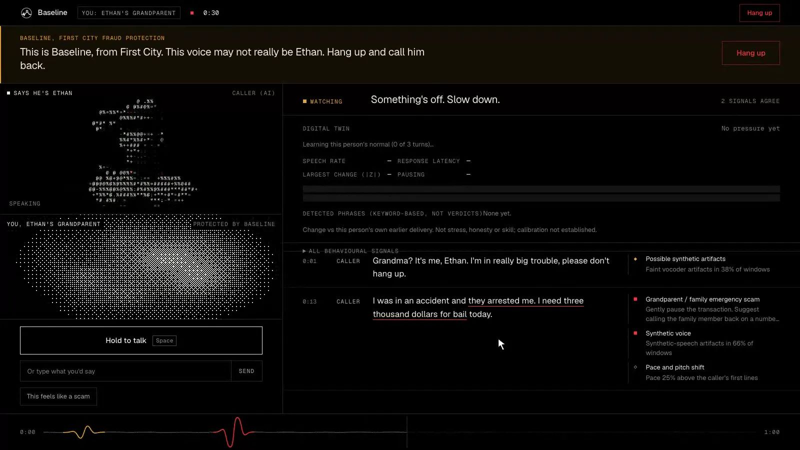 Baseline during a call: an amber warning, the live transcript and per-detector signals.