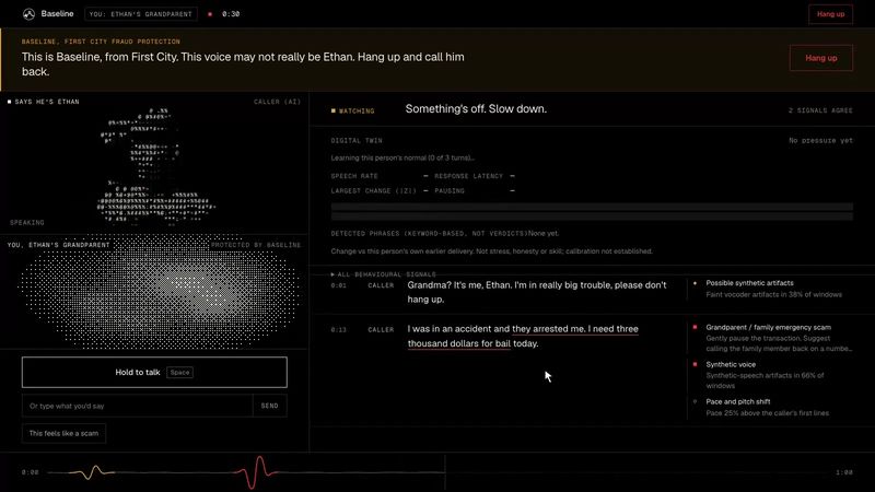Baseline during a call: an amber warning, the live transcript and per-detector signals.