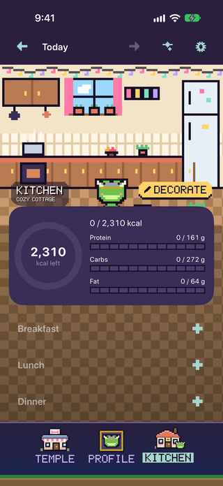 GymBuddy Kitchen screen: calories left today with protein, carb and fat bars, and the meals logged so far (simulator, sample data).