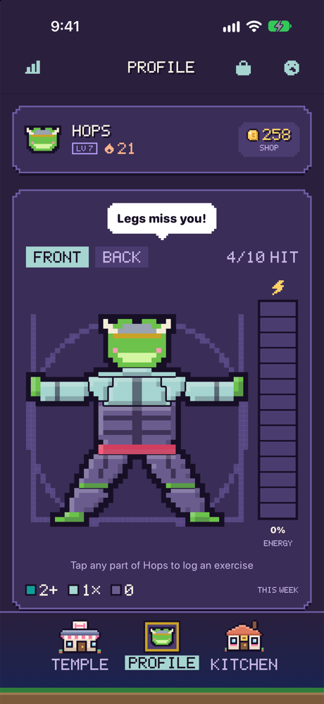 GymBuddy profile screen: tap a muscle group on the pixel-art frog Hops to log an exercise (simulator, sample data).
