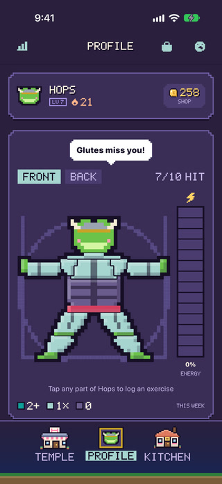 GymBuddy Profile screen: tap a muscle on Hops the frog to log an exercise; the body map shows which muscles were trained this week (simulator, sample data).