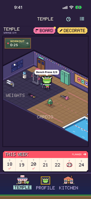 GymBuddy Temple screen: the pixel-art gym where Hops trains at the bench press during a workout, with this week's training calendar (simulator, sample data).