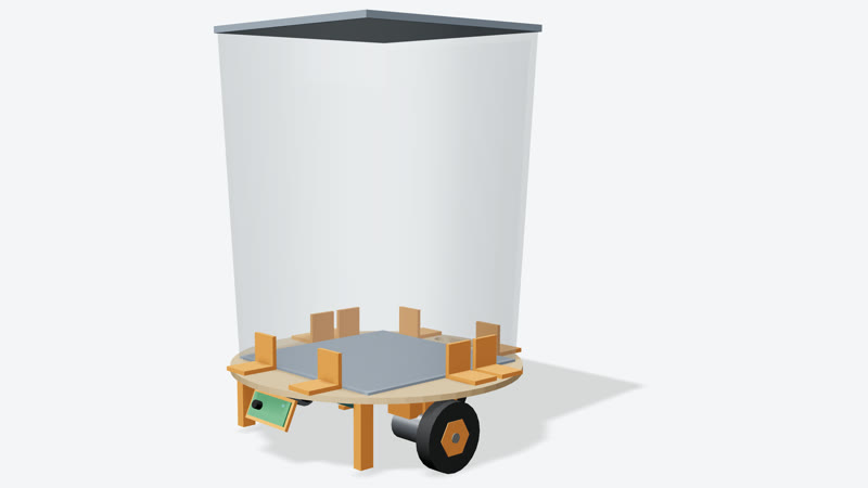 3D render of the Trash Can Robot built from its OpenSCAD parameters: a round wooden chassis on two drive wheels and a caster, printed tabs holding a translucent trash can, and the ESP32-S3 camera tilted up at the front.